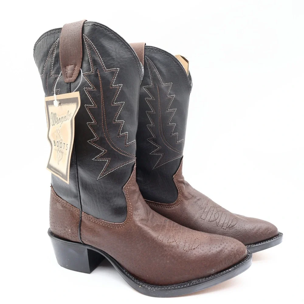 Wrangler Vintage Western Boots Youth 4.5 D Old Brown Leather Black NWT USA Made